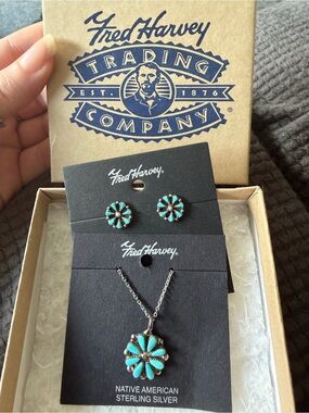 Fred Harvey Turquoise Flower Sterling Silver Necklace & Earrings Set